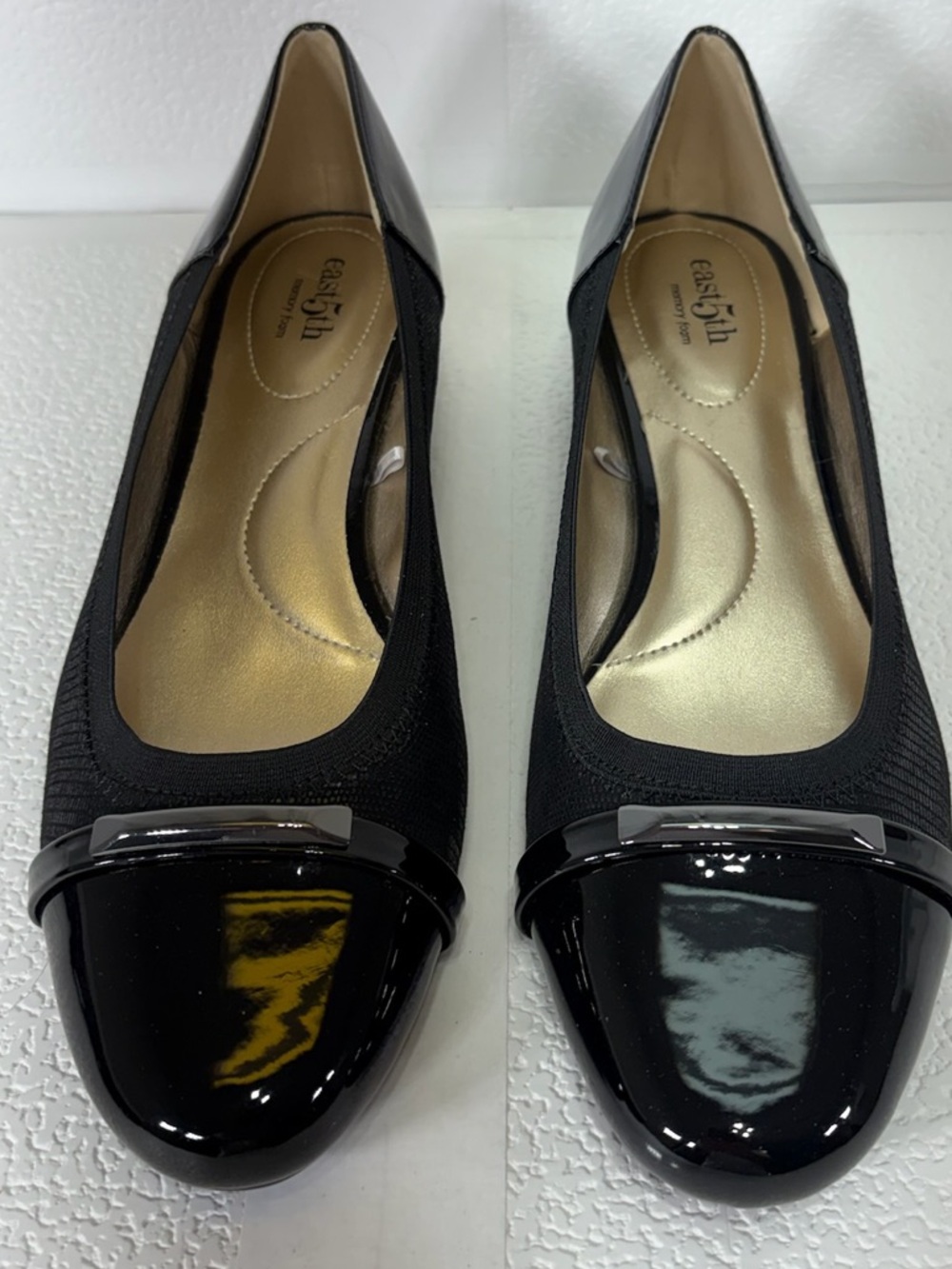 East 5th Black Patent Cap-Toe Ballet Flats with Metallic Accent S-143